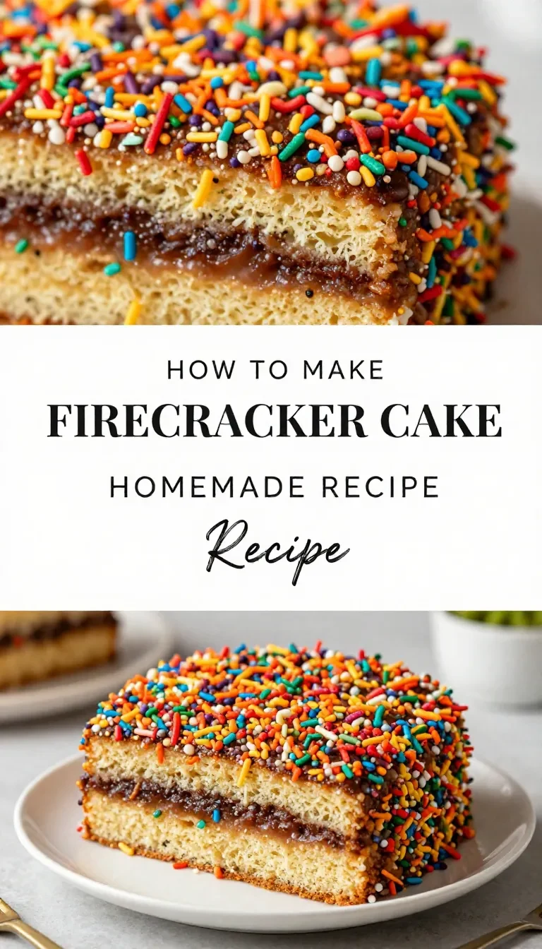 A colorful firecracker cake with red, white, and blue layers, perfect for celebrations, gluten-free and dairy-free option available.