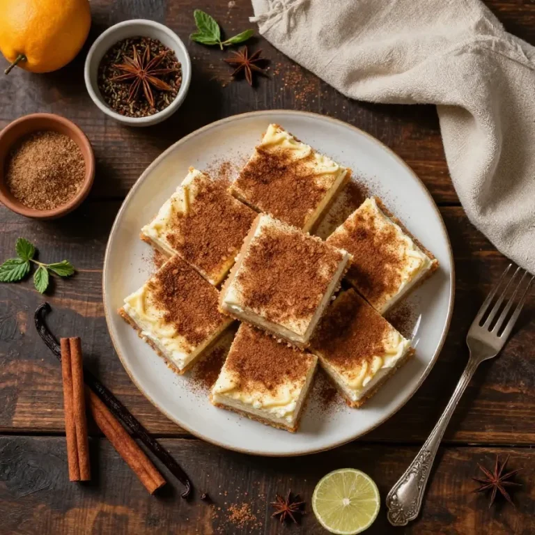 Close-up of Mexican churro cheesecake bars with cinnamon sugar topping.
