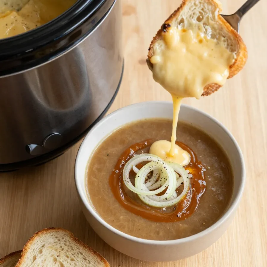 A bowl of steaming French onion soup topped with melted cheese and fresh herbs, served with a slice of crusty bread.