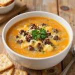 A bowl of cheesy crock pot hamburger potato soup topped with green onions and cheese