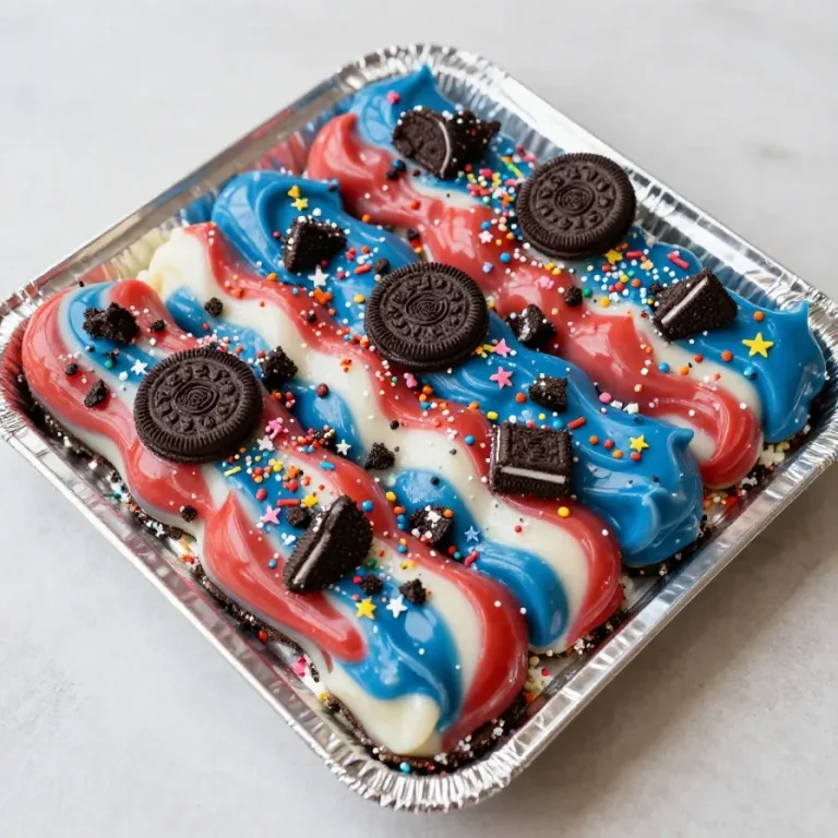 A close-up of a festive red, white, and blue bark dessert with sprinkles.