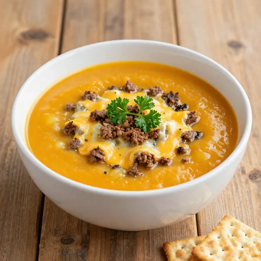 A bowl of cheesy crock pot hamburger potato soup topped with green onions and cheese