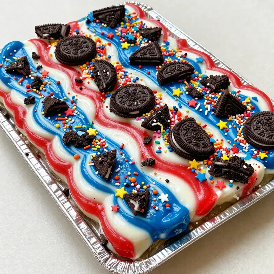 A close-up of a festive red, white, and blue bark dessert with sprinkles.