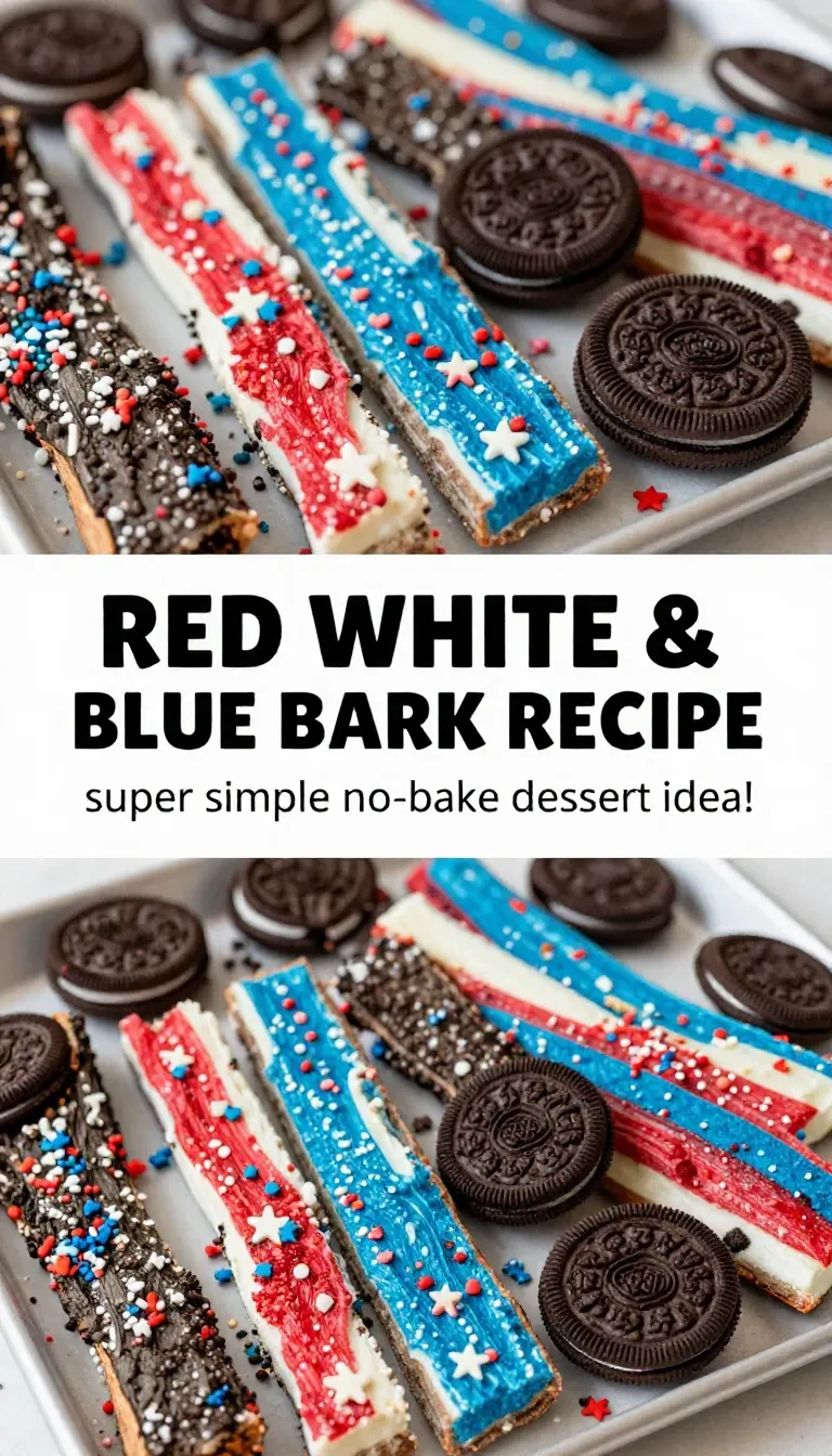 A close-up of a festive red, white, and blue bark dessert with sprinkles.