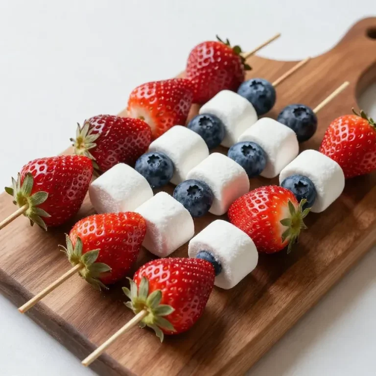 Fruit kabobs with strawberries, bananas, and blueberries arranged in a red, white, and blue pattern.