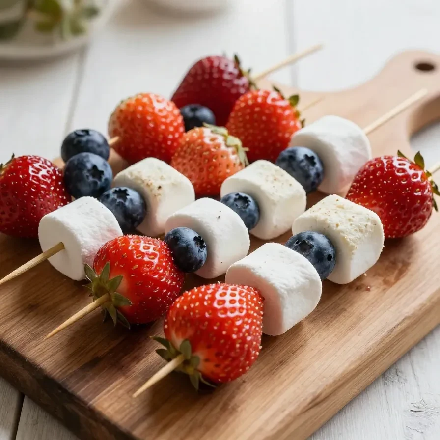 Fruit kabobs with strawberries, bananas, and blueberries arranged in a red, white, and blue pattern.