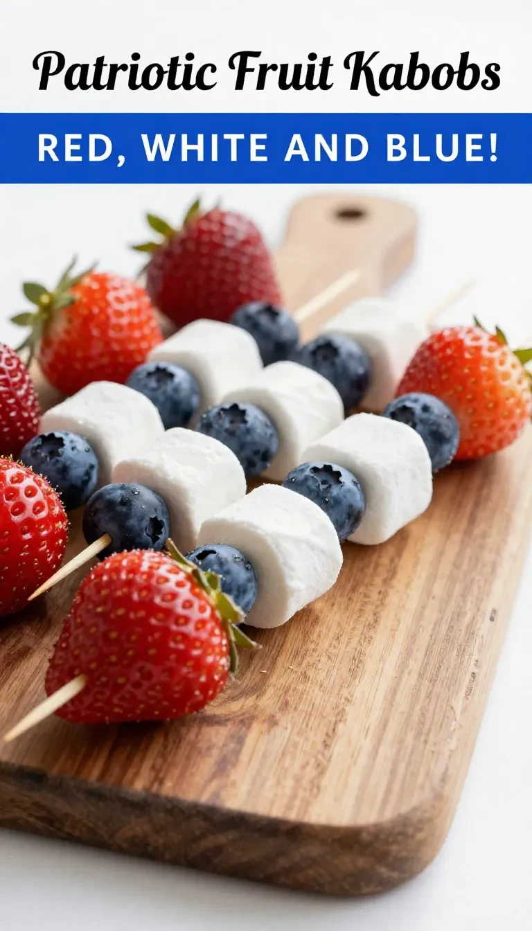 Fruit kabobs with strawberries, bananas, and blueberries arranged in a red, white, and blue pattern.