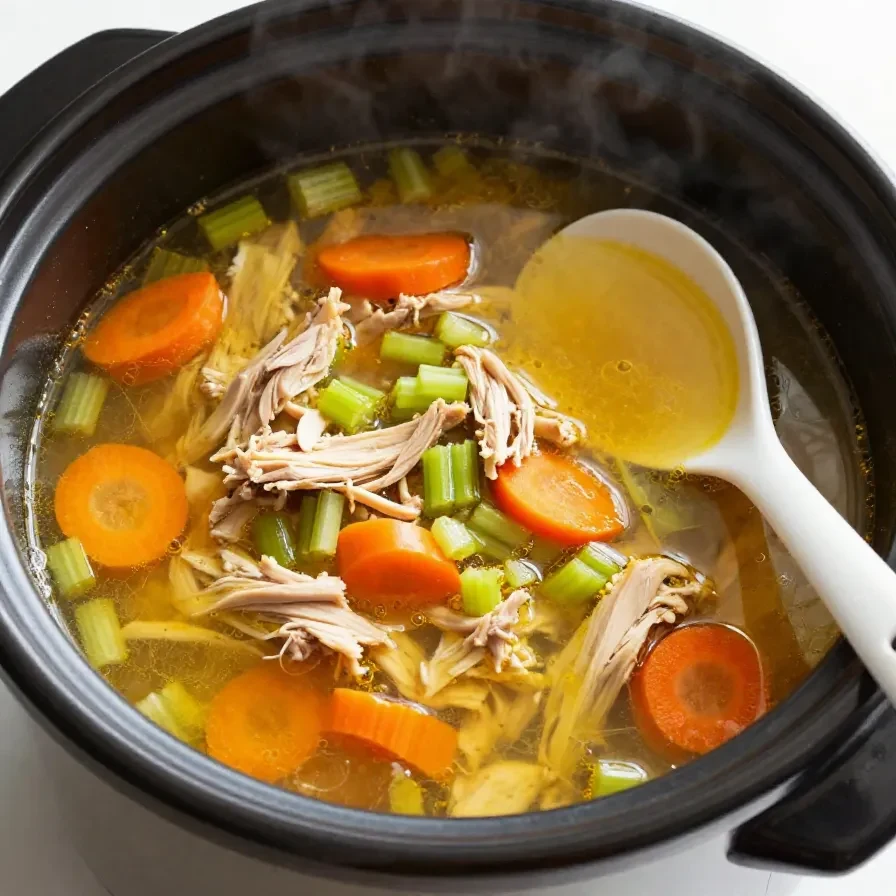 A bowl of classic chicken soup garnished with parsley, served with a slice of bread