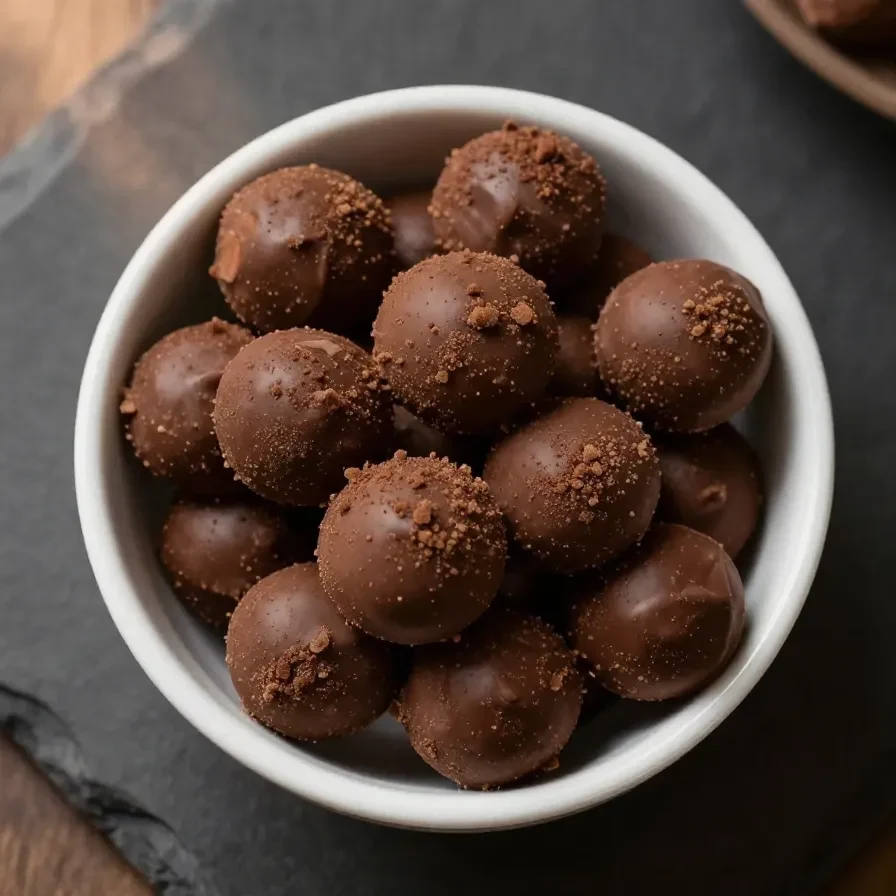Close-up of three ingredient paleo vegan no bake brownie bites arranged on a plate.
