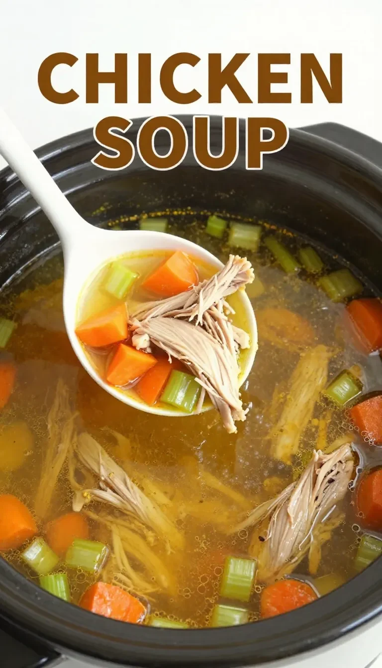 A bowl of classic chicken soup garnished with parsley, served with a slice of bread