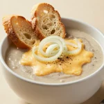 A bowl of French onion soup garnished with melted cheese and herbs, served with a slice of crusty bread.