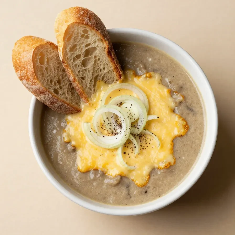 A bowl of French onion soup garnished with melted cheese and herbs, served with a slice of crusty bread.