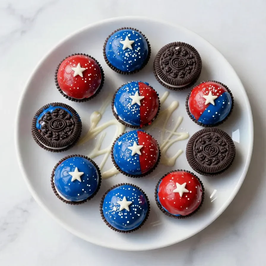 A plate of Oreo balls decorated with patriotic red, white, and blue sprinkles.