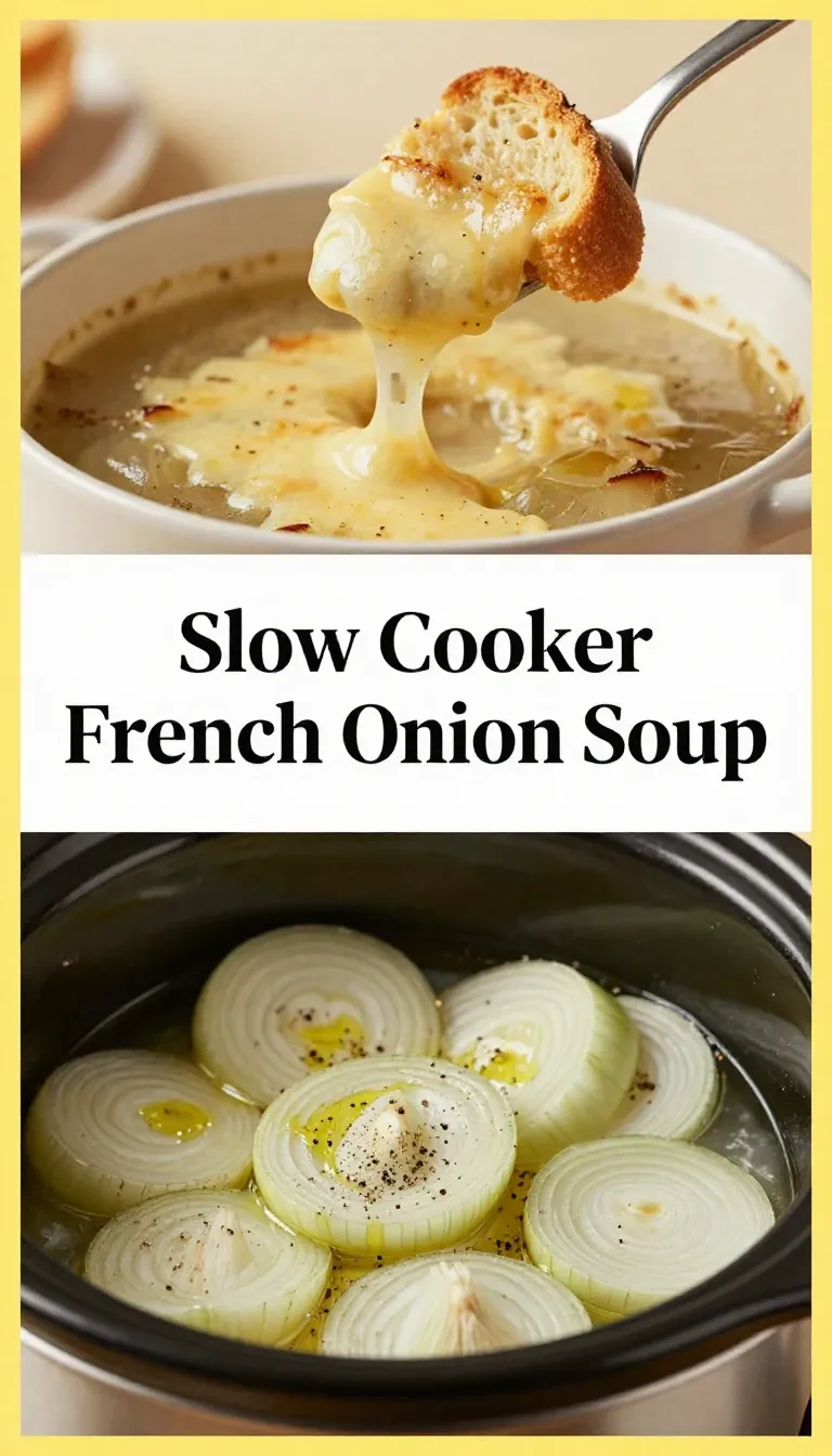 A bowl of French onion soup garnished with melted cheese and herbs, served with a slice of crusty bread.