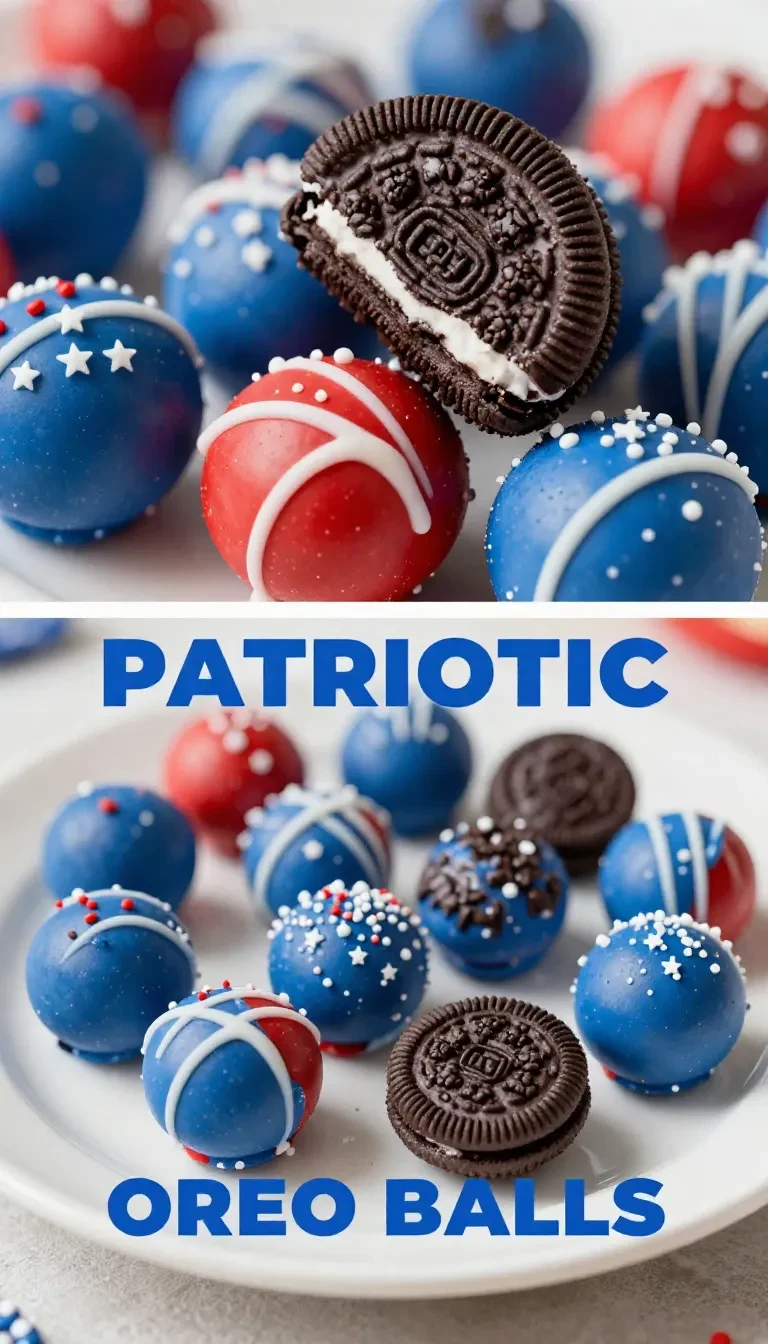 A plate of Oreo balls decorated with patriotic red, white, and blue sprinkles.