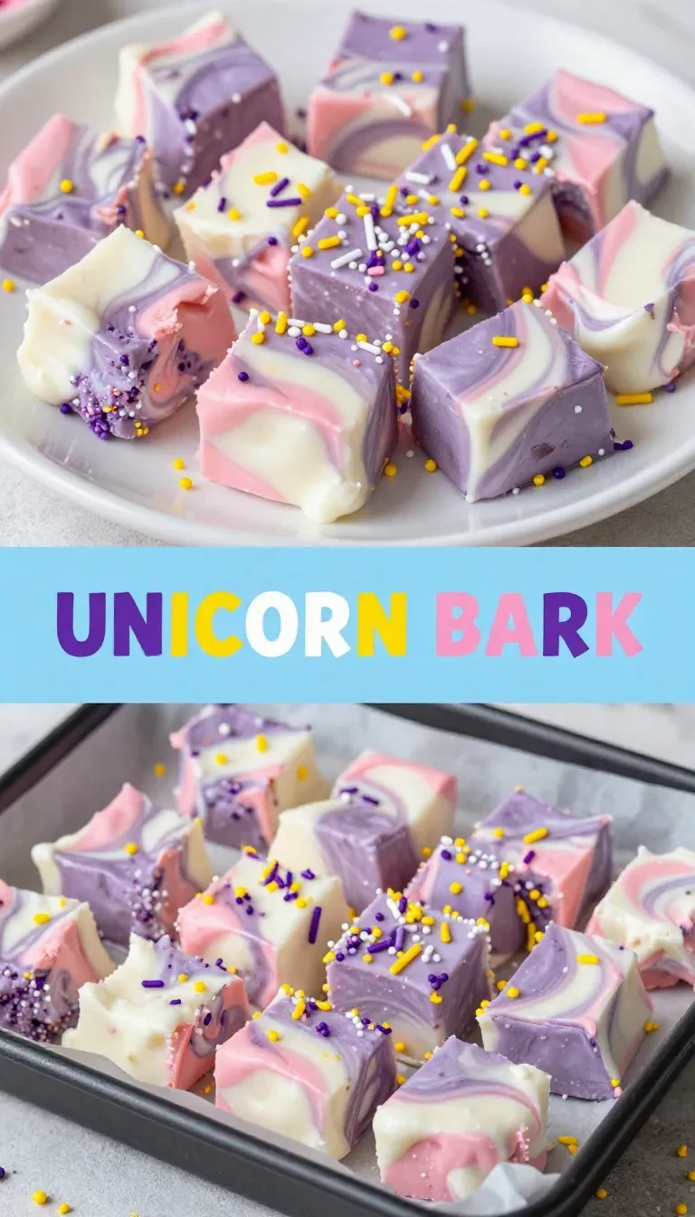 Colorful yogurt bark shaped like a unicorn, a favorite treat for toddlers and kids.