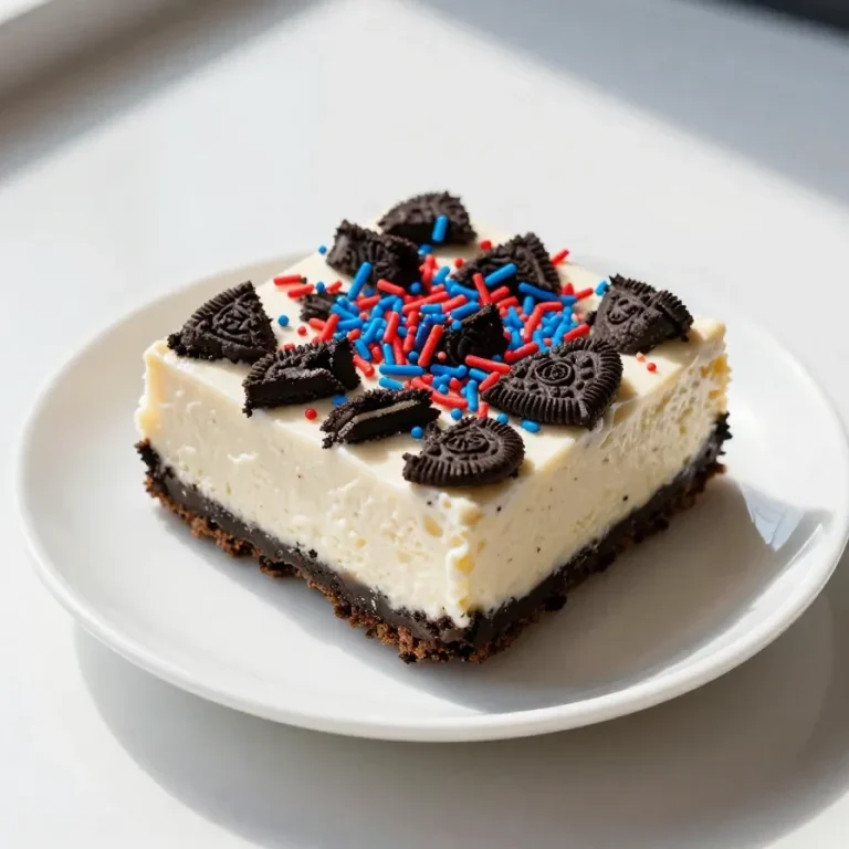 Close-up of colorful Fireworks Oreo Cheesecake Bars on a white plate, topped with sprinkles.