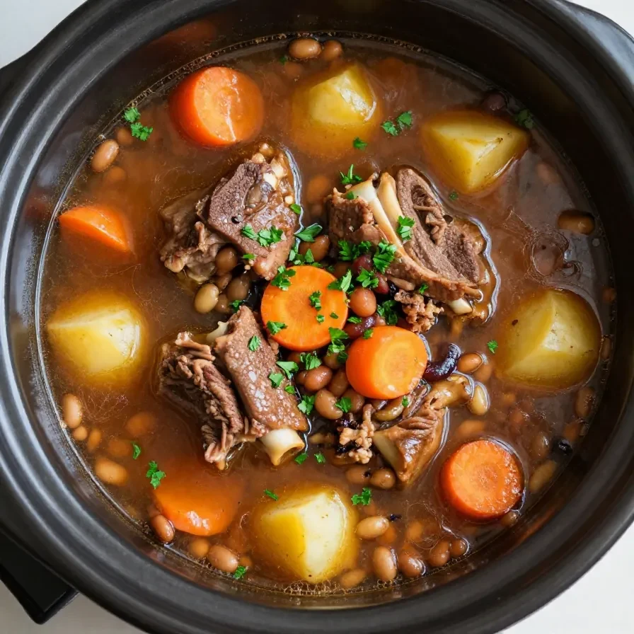 A steaming bowl of slow cooker oxtail soup garnished with fresh herbs