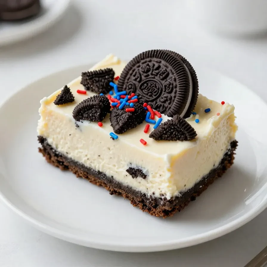 Close-up of colorful Fireworks Oreo Cheesecake Bars on a white plate, topped with sprinkles.