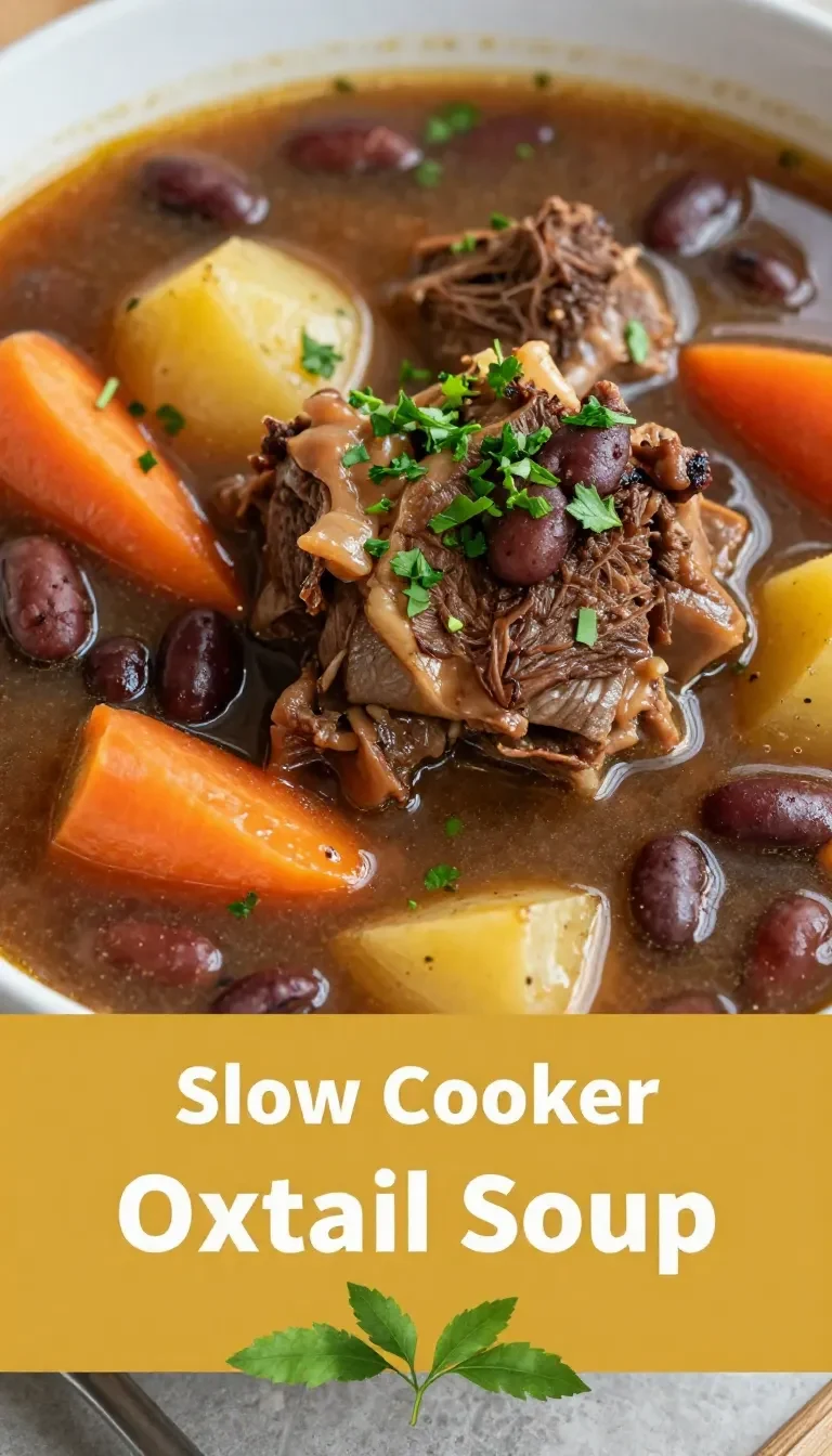 A steaming bowl of slow cooker oxtail soup garnished with fresh herbs