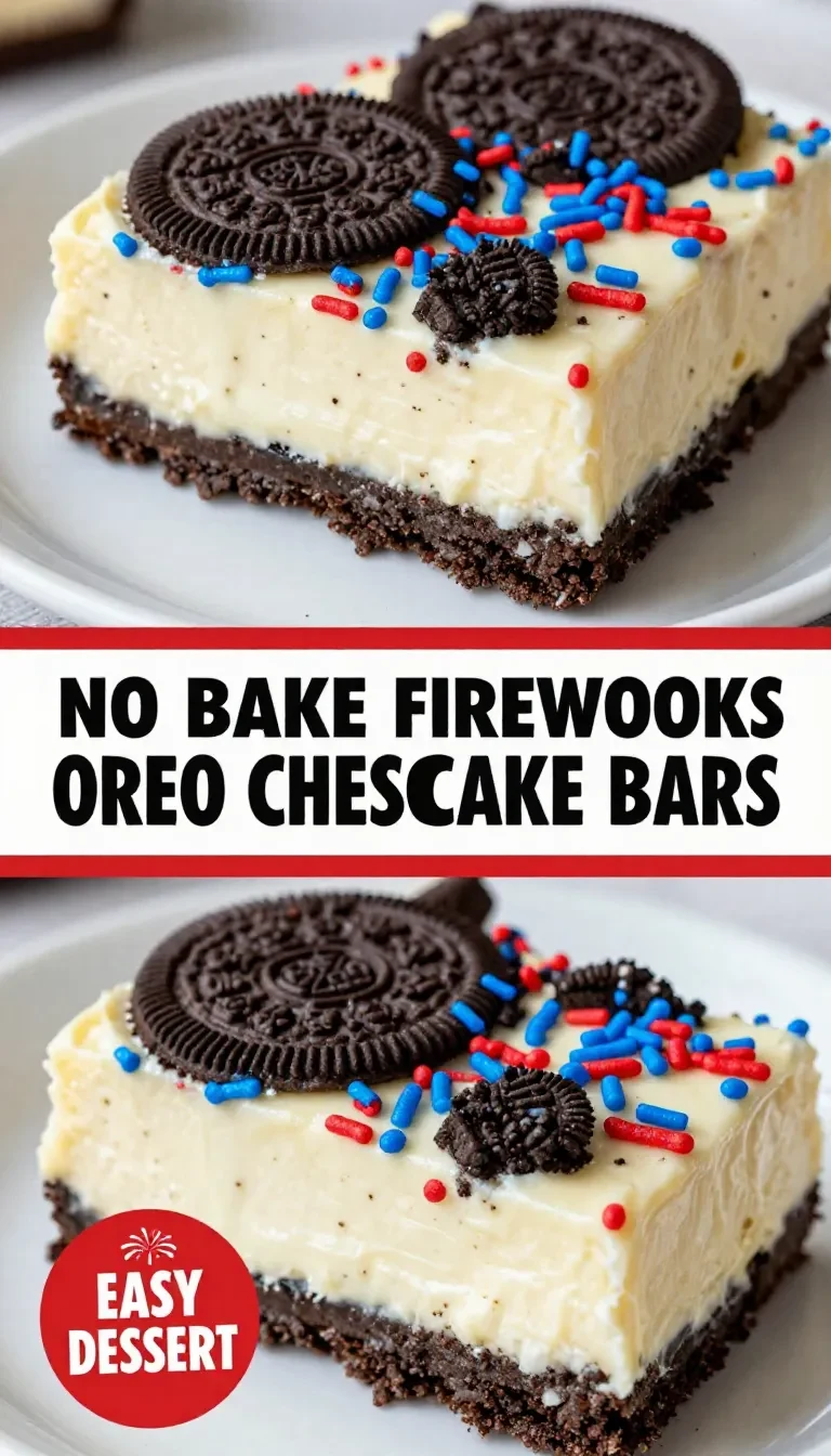 Close-up of colorful Fireworks Oreo Cheesecake Bars on a white plate, topped with sprinkles.