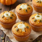 Freshly baked pumpkin cream cheese muffins on a wooden table