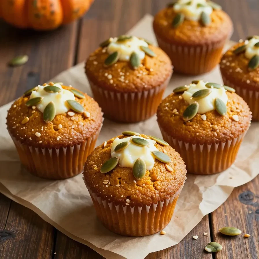 Freshly baked pumpkin cream cheese muffins on a wooden table
