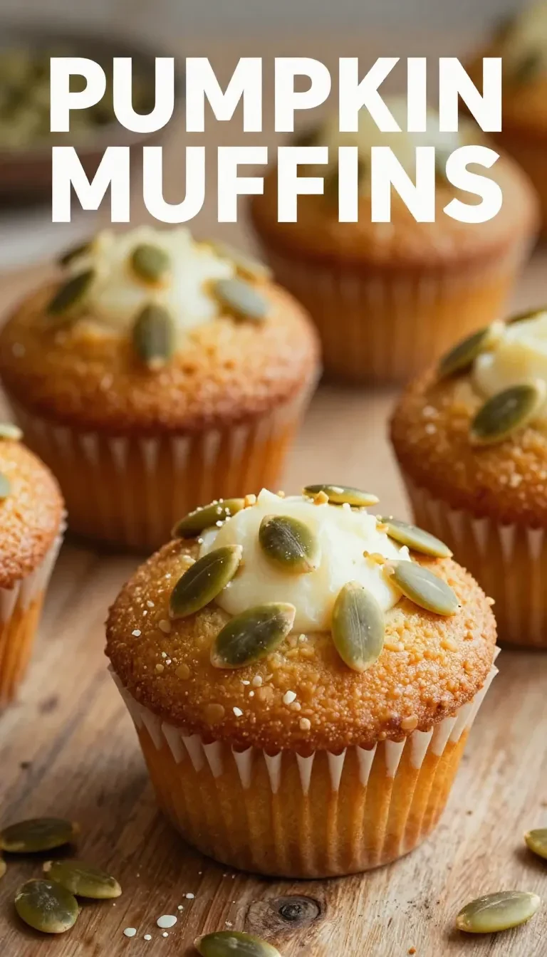 Freshly baked pumpkin cream cheese muffins on a wooden table