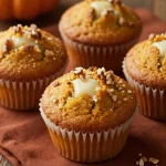 Delicious gluten free pumpkin cream cheese muffins on a wooden table