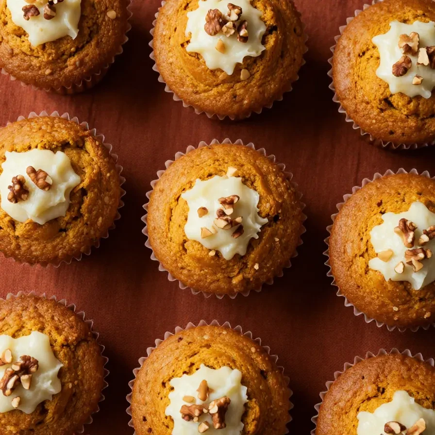 Delicious gluten free pumpkin cream cheese muffins on a wooden table
