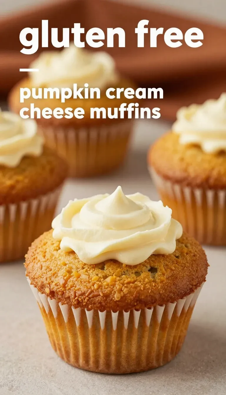 Delicious gluten free pumpkin cream cheese muffins on a wooden table