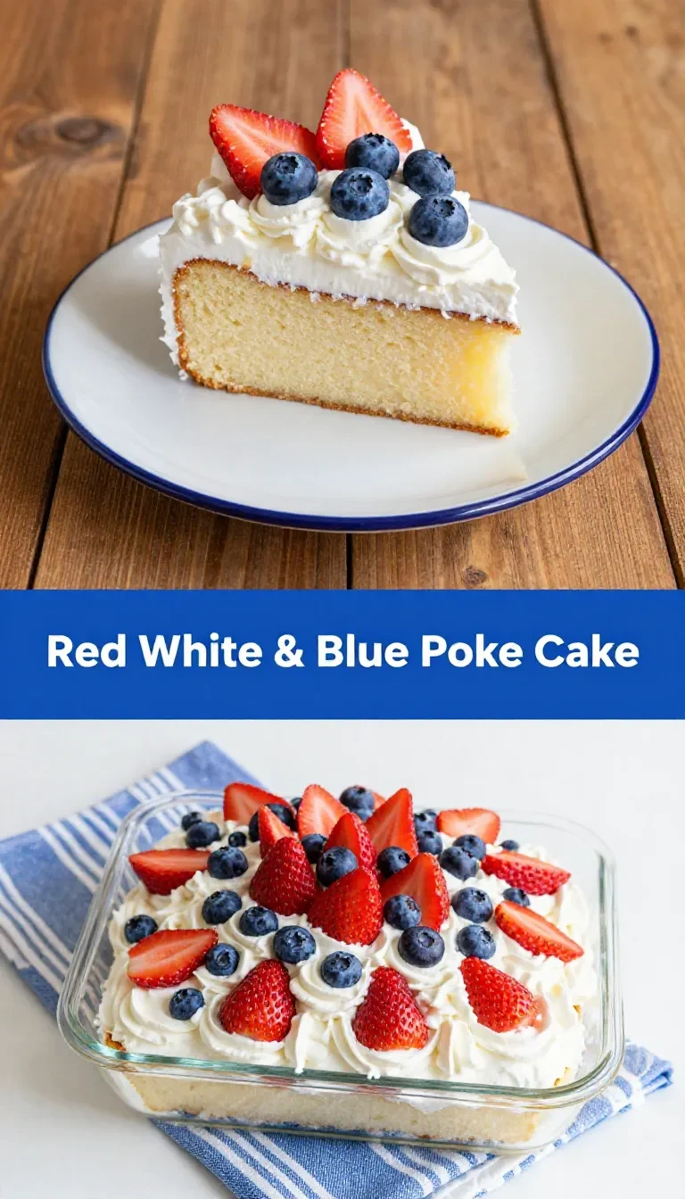A festive red, white, and blue poke cake topped with whipped cream and sprinkles, perfect for patriotic celebrations.