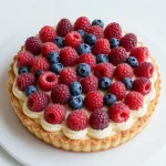 A festive 4th of July fruit pizza topped with strawberries, blueberries, and cream cheese frosting.