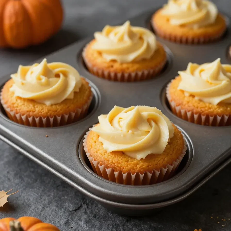 Freshly baked pumpkin cream cheese swirl muffins on a wooden table