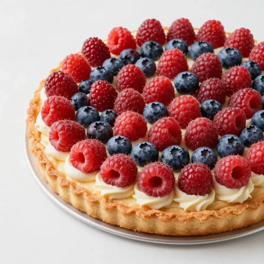 A festive 4th of July fruit pizza topped with strawberries, blueberries, and cream cheese frosting.