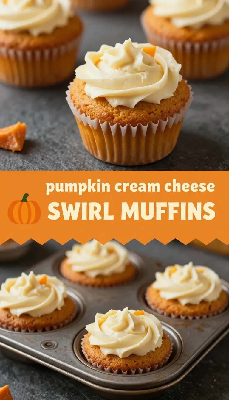 Freshly baked pumpkin cream cheese swirl muffins on a wooden table