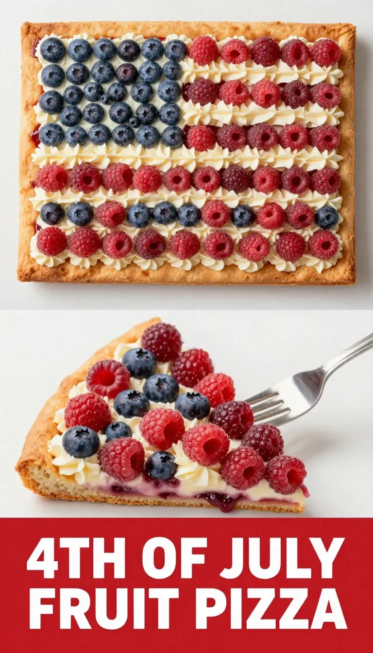 A festive 4th of July fruit pizza topped with strawberries, blueberries, and cream cheese frosting.