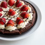 A homemade brownie pizza topped with colorful fruits and chocolate drizzle.