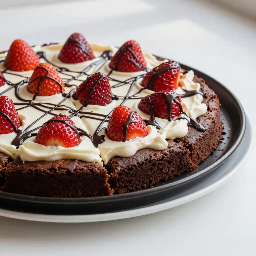 A homemade brownie pizza topped with colorful fruits and chocolate drizzle.