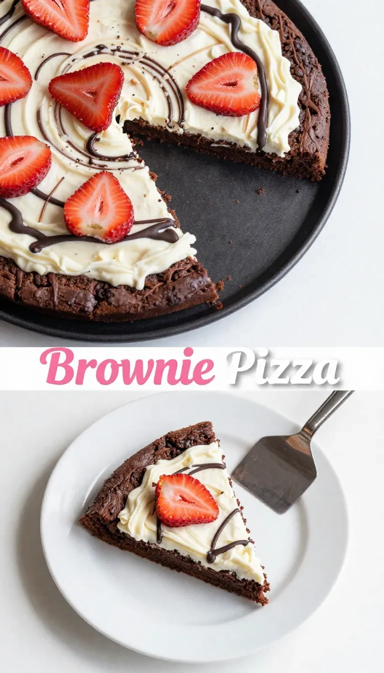 A homemade brownie pizza topped with colorful fruits and chocolate drizzle.