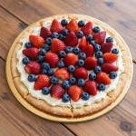 A sugar cookie fruit pizza decorated to resemble the American flag with strawberries, blueberries, and cream cheese frosting.