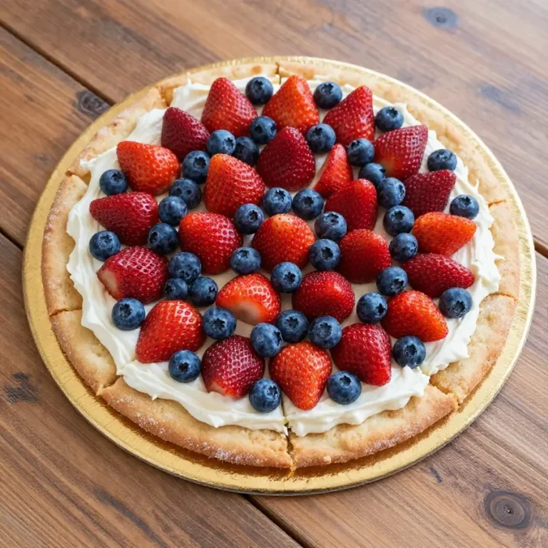 A sugar cookie fruit pizza decorated to resemble the American flag with strawberries, blueberries, and cream cheese frosting.