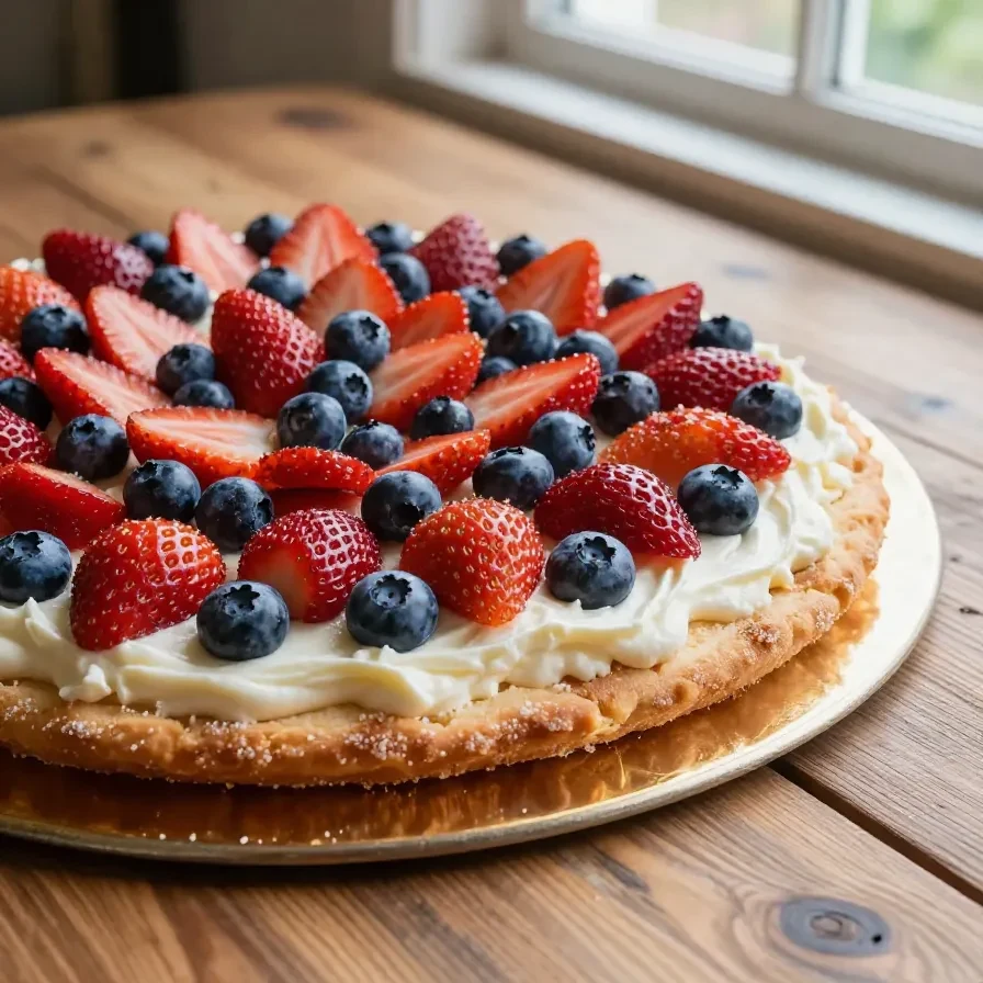 A sugar cookie fruit pizza decorated to resemble the American flag with strawberries, blueberries, and cream cheese frosting.