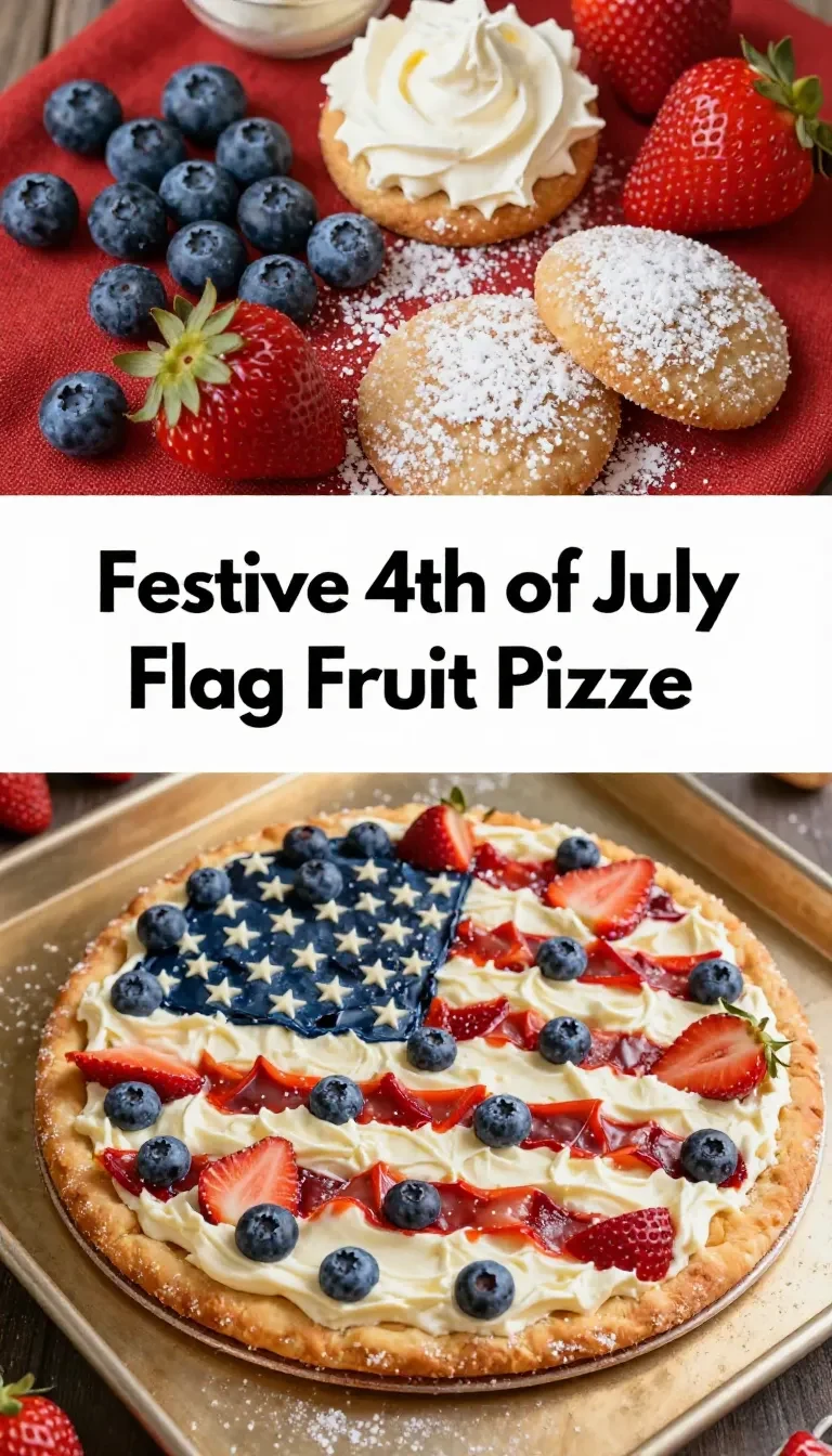 A sugar cookie fruit pizza decorated to resemble the American flag with strawberries, blueberries, and cream cheese frosting.