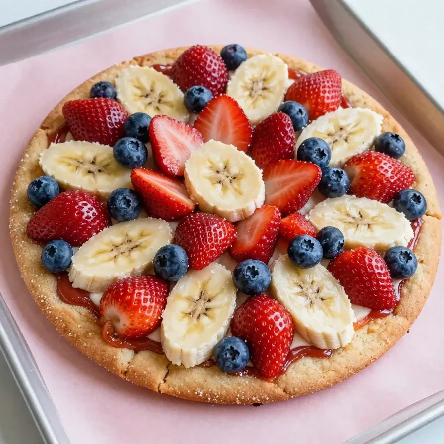 A gluten-free flag fruit pizza decorated with blueberries, strawberries, and bananas to resemble the American flag.