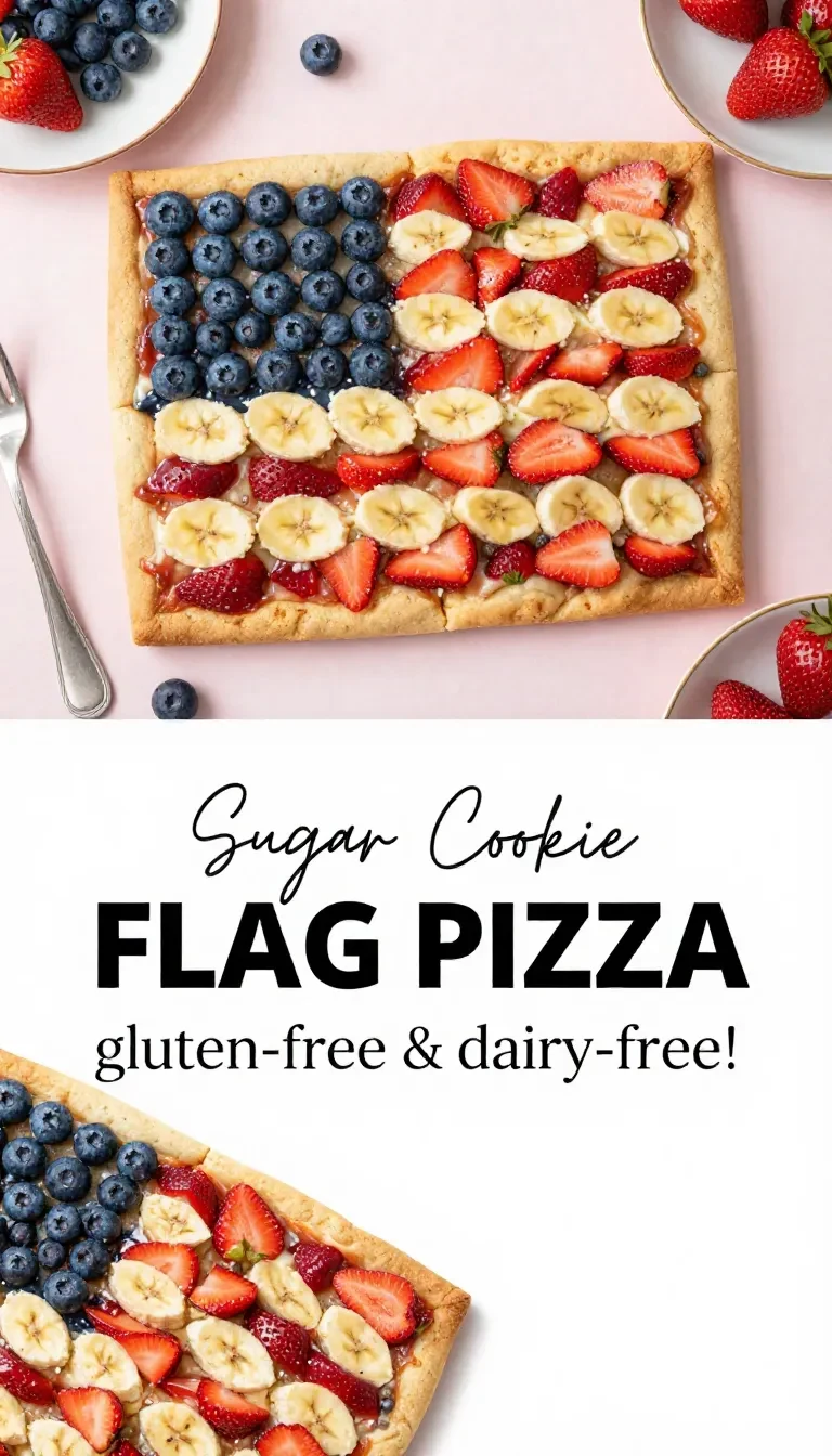 A gluten-free flag fruit pizza decorated with blueberries, strawberries, and bananas to resemble the American flag.