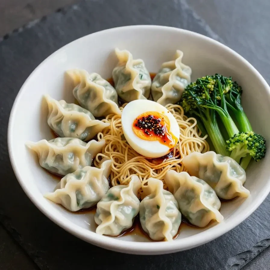 A savory ramen bowl filled with dumplings, soft-boiled eggs, and fresh greens