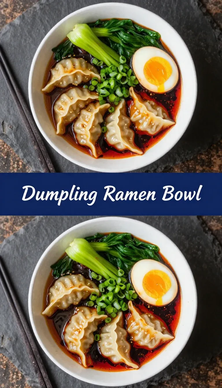 A savory ramen bowl filled with dumplings, soft-boiled eggs, and fresh greens