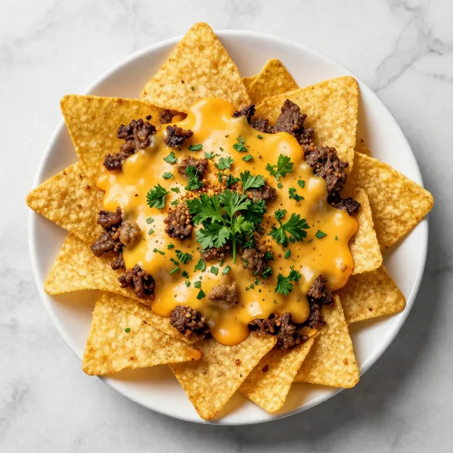 A plate of loaded nachos topped with cheese, jalapenos, and guacamole