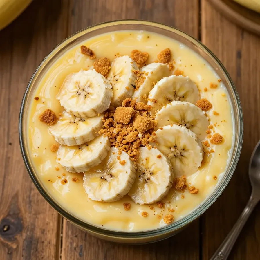 A bowl of old-fashioned homemade banana pudding topped with whipped cream and vanilla wafers.